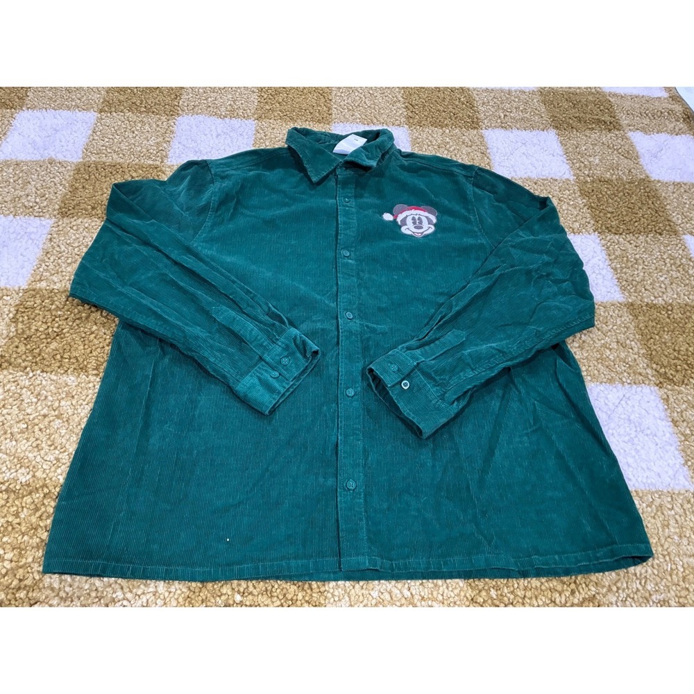 Disney Mickey Mouse Christmas Santa Green Corduroy Button Down Shirt Mens Large